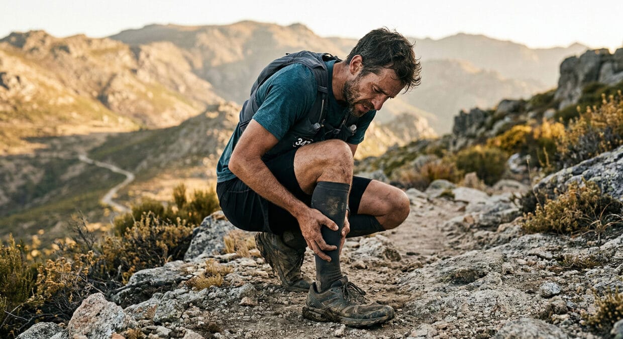 Corredor com câimbra no trail agachado em trilha rochosa segurando a panturrilha durante prova de montanha