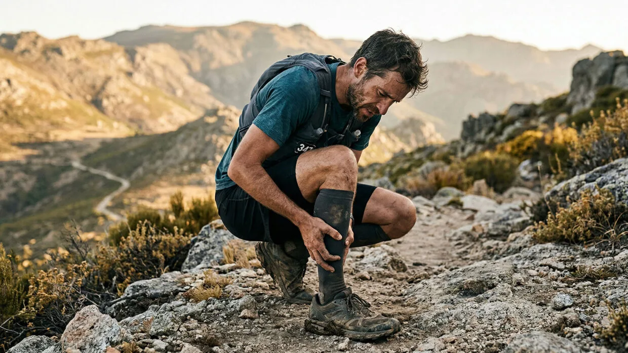 Corredor com câimbra no trail agachado em trilha rochosa segurando a panturrilha durante prova de montanha
