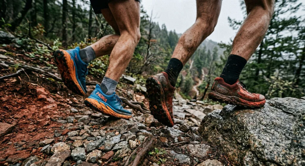 Prevenção de câimbra no trail: pernas de corredores em descida técnica rochosa com terra vermelha