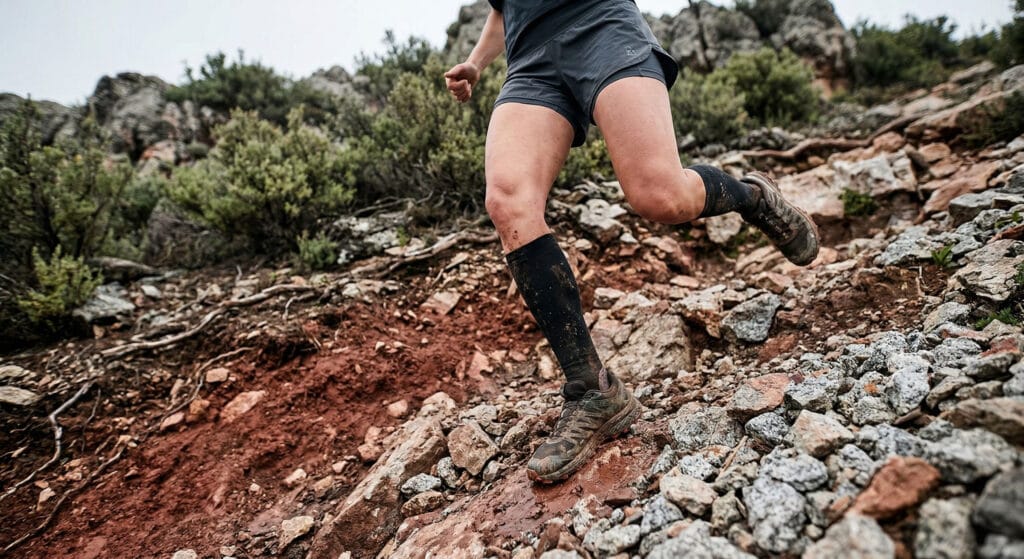 Dano muscular descida trail corredor em trilha rochosa com joelho fletido absorvendo impacto excêntrico e solo irregular