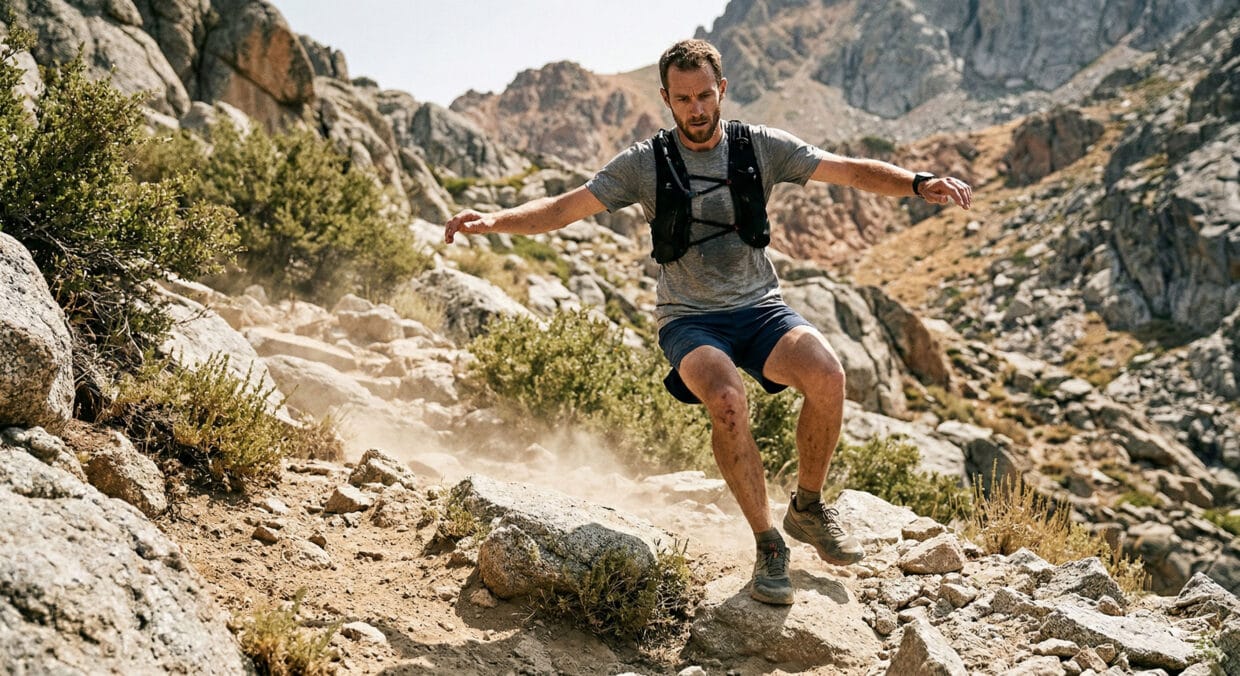 Treino na descida no trail runner em trilha íngreme rochosa com controle excêntrico e fadiga muscular nos quadríceps