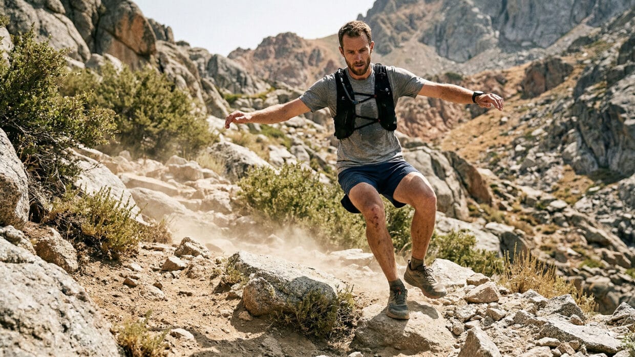 Treino na descida no trail: ciência do dano muscular 10 Treino na descida no trail runner em trilha íngreme rochosa com controle excêntrico e fadiga muscular nos quadríceps