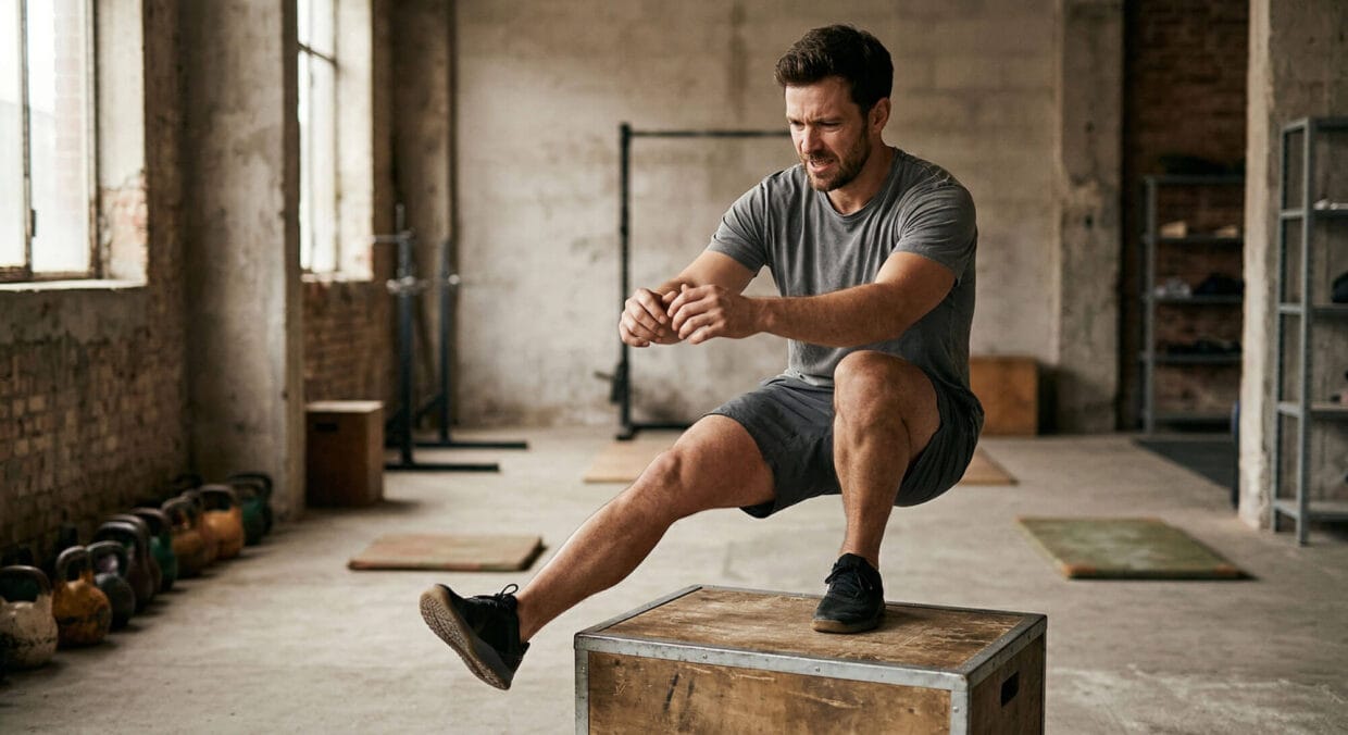 Treino de força para trail runner em agachamento unilateral numa academia com foco em potência muscular e economia de corrida