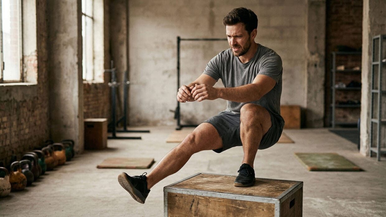 Treino de força para trail runner: o que a ciência diz 10 Treino de força para trail runner em agachamento unilateral numa academia com foco em potência muscular e economia de corrida
