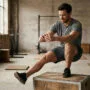 Treino de força para trail runner em agachamento unilateral numa academia com foco em potência muscular e economia de corrida