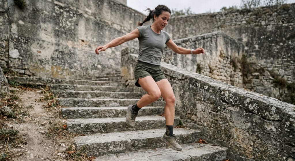 Treino de força para trail runner com pilometria, saltando em escadas de concreto ao ar livre com terreno irregular e controle neuromuscular