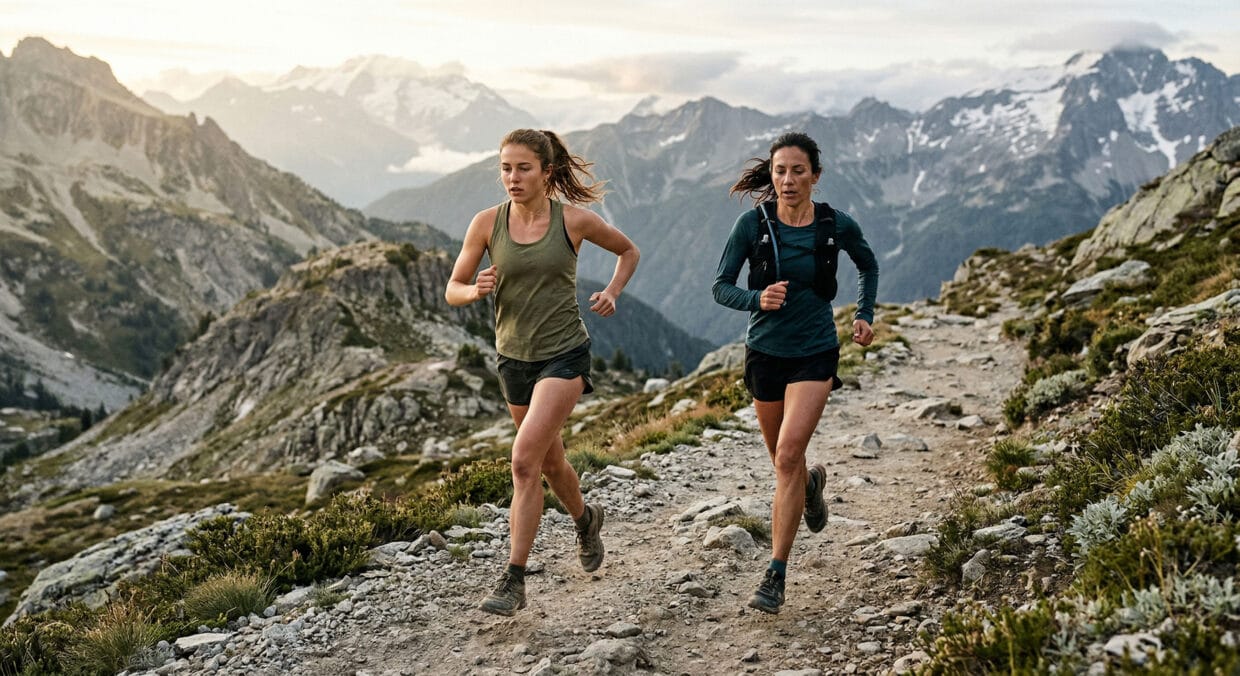 Women's Health Programme trail running duas corredoras em trilha alpina de montanha com foco em fisiologia feminina e saúde hormonal