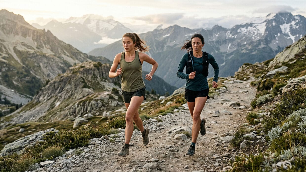 Women's Health Programme trail running duas corredoras em trilha alpina de montanha com foco em fisiologia feminina e saúde hormonal