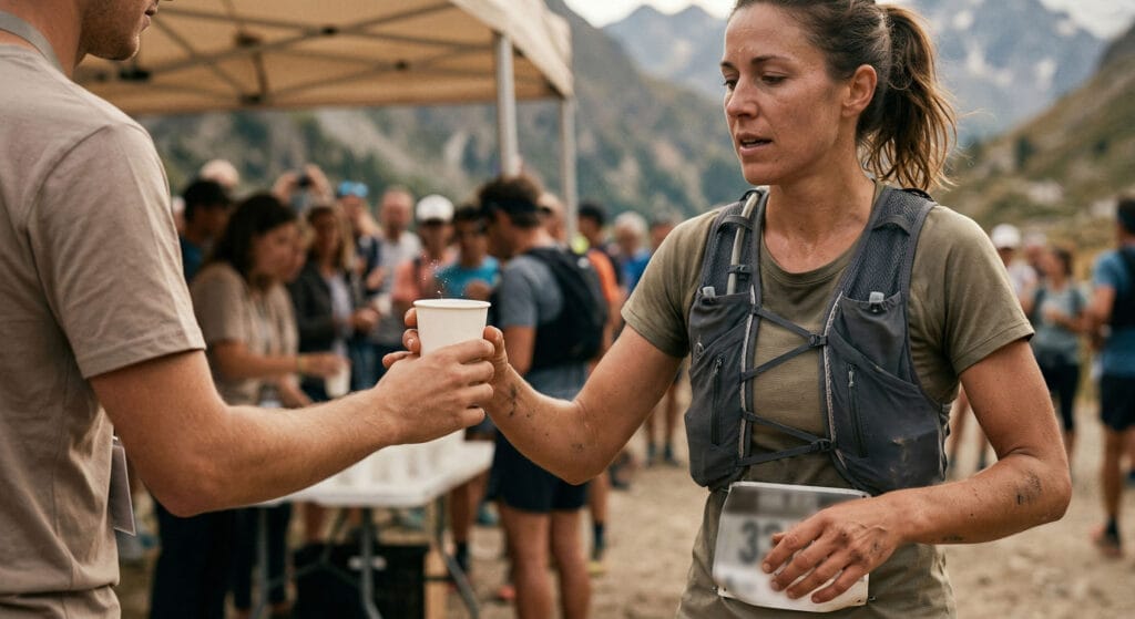 Corredora ultra trail feminina em ponto de abastecimento de prova recebendo suporte com foco em saúde e bem-estar feminino no esporte