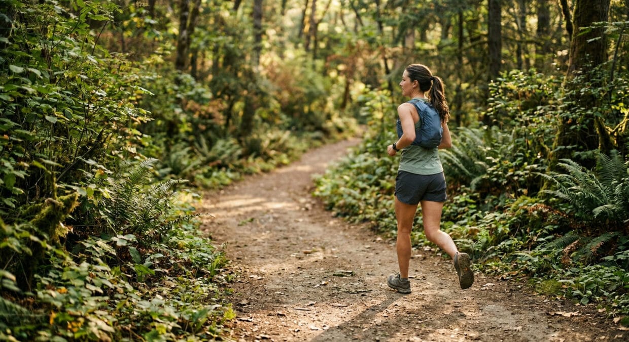 Zona 2 no trail corredora em ritmo leve em trilha de floresta com frequência cardíaca baixa e base aeróbica em construção