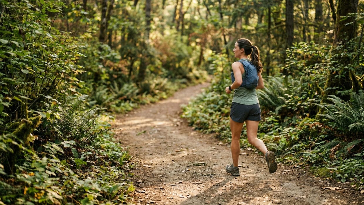 Zona 2 no trail: o treino lento que mais importa 10 Zona 2 no trail corredora em ritmo leve em trilha de floresta com frequência cardíaca baixa e base aeróbica em construção