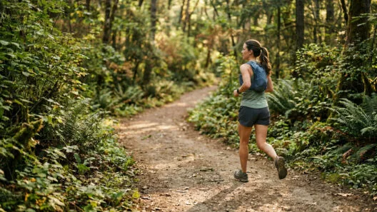 Zona 2 no trail corredora em ritmo leve em trilha de floresta com frequência cardíaca baixa e base aeróbica em construção