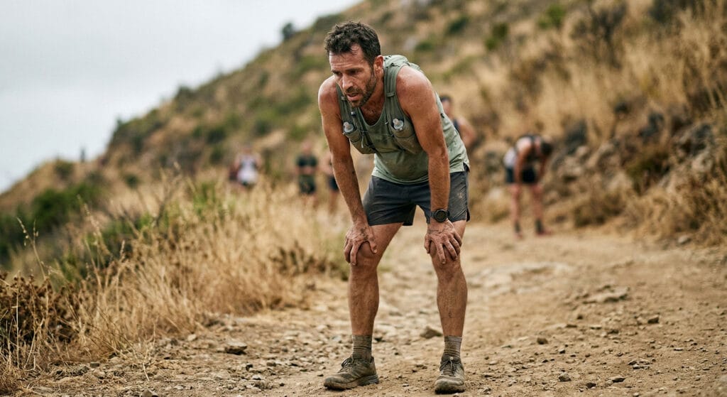 5 treinos para corredor de trail. Treino de subida trail running: corredor recuperando após repetição em morro com fadiga visível