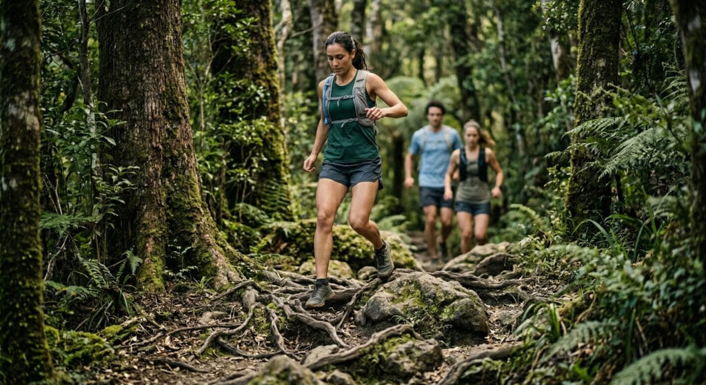 grupo iniciante trail running em trilha técnica com raízes e pedras aprendendo técnica de descida e posicionamento do pé na floresta