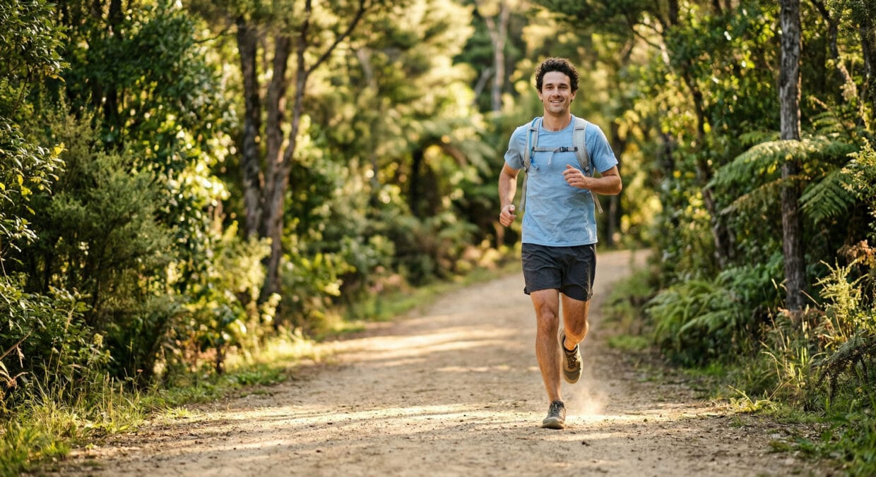 Iniciante trail running grupo em trilha técnica com raízes e pedras aprendendo técnica de descida e posicionamento do pé na floresta