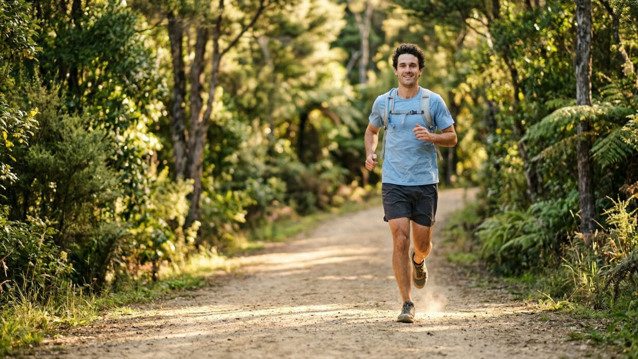 Iniciante trail running grupo em trilha técnica com raízes e pedras aprendendo técnica de descida e posicionamento do pé na floresta