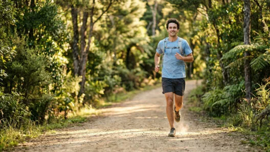Iniciante trail running grupo em trilha técnica com raízes e pedras aprendendo técnica de descida e posicionamento do pé na floresta