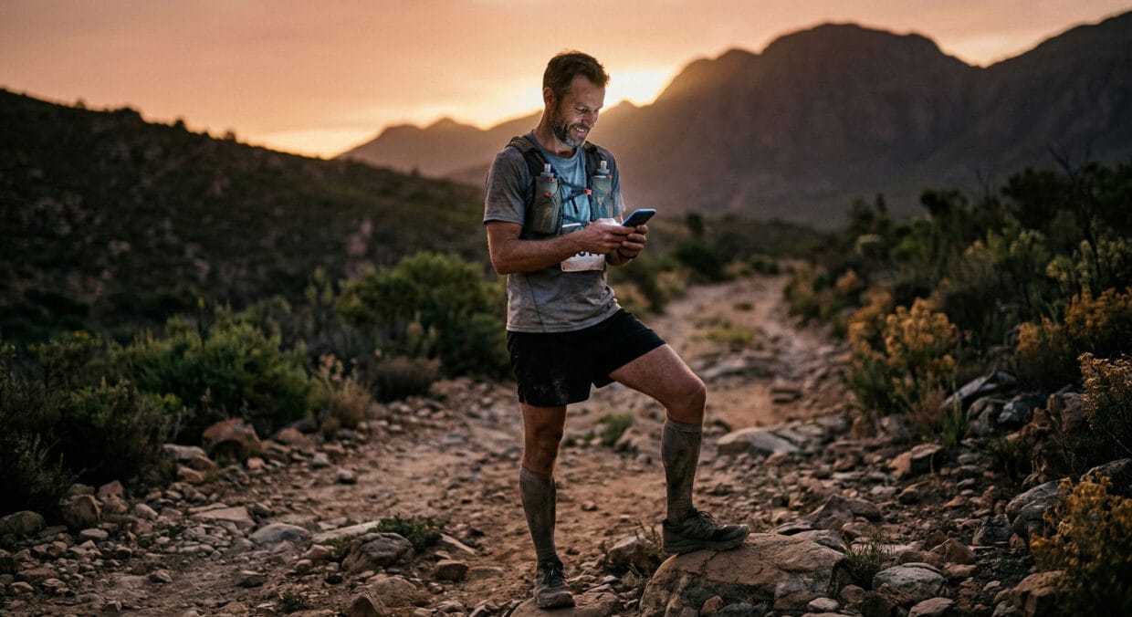 ITRA trail running corredor acessando perfil em celular durante evento de montanha com ranking e pontuação
