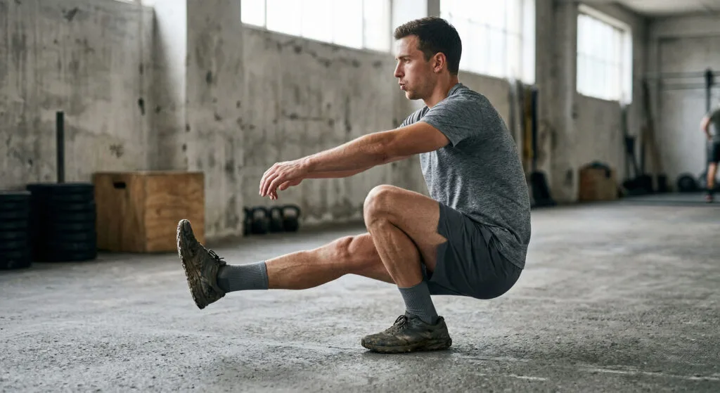 Treinar trail sem trilha atleta em agachamento excêntrico unilateral simulando descida de montanha com ativação de quadríceps e fortalecimento muscular específico