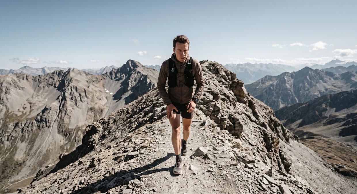 Skyrunner subindo crista técnica íngreme em terreno rochoso com corrida de montanha e desnível extremo