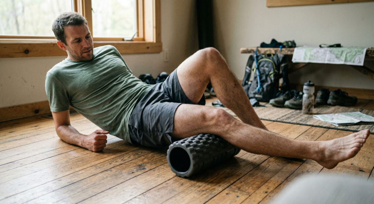 rolo para trail runner em uso no quadríceps após treino de trilha com rolo texturizado de liberação miofascial em alta densidade