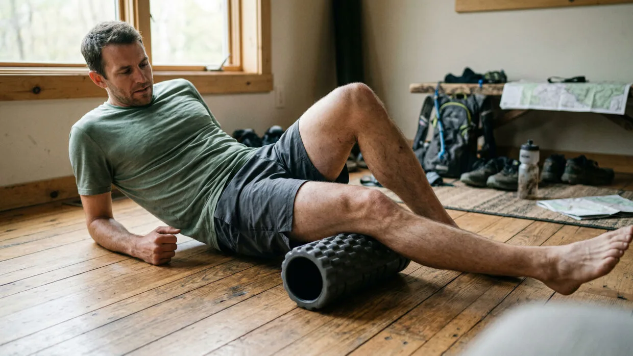 Rolo de liberação miofascial para trail runner: recuperação que a ciência confirma 10 rolo para trail runner em uso no quadríceps após treino de trilha com rolo texturizado de liberação miofascial em alta densidade