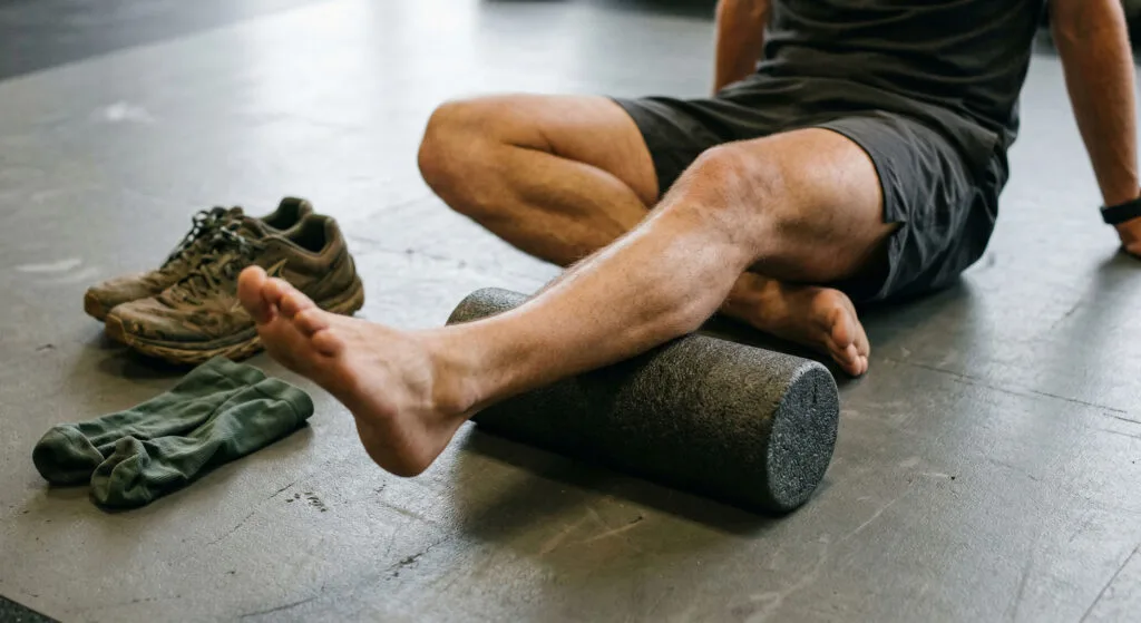 Rolo de liberação miofascial para trail runner: recuperação que a ciência confirma 11 Corredor trail usando foam roller na panturrilha e IT band após treino longo com rolo de liberação miofascial texturizado