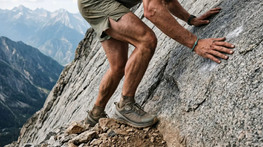 Skyrunning: o que é, quais são as modalidades e por que é diferente do trail running 11 Skyrunning em inclinação extrema com atleta usando bastões e técnica de subida em terreno rochoso