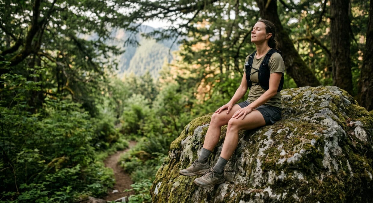 Trail running saúde mental: mulher descansando em pedra no topo de trilha com natureza ao fundo e luz suave da manhã
