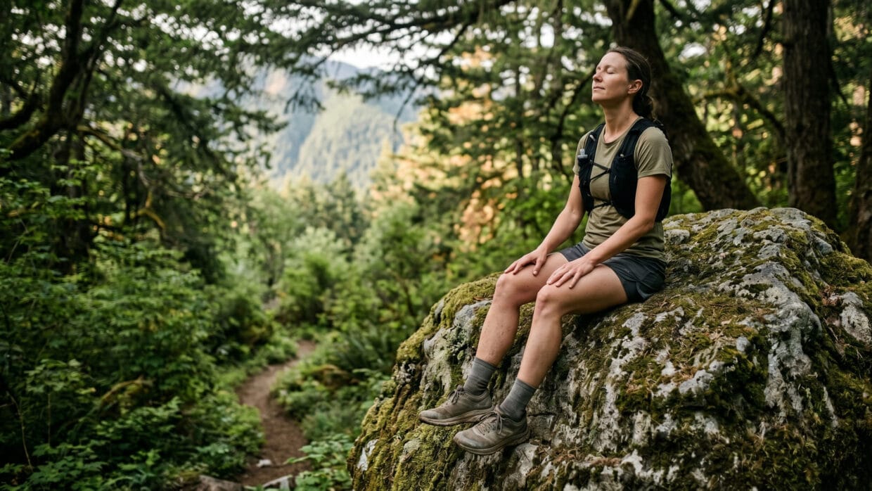 Trail running faz bem para a saúde mental? 10 Trail running saúde mental: mulher descansando em pedra no topo de trilha com natureza ao fundo e luz suave da manhã