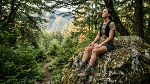 Trail running saúde mental: mulher descansando em pedra no topo de trilha com natureza ao fundo e luz suave da manhã