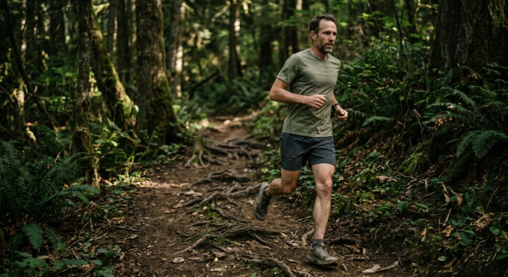 Trail running e bem-estar: corredor em trilha de mata fechada com foco total e luz filtrada entre árvores