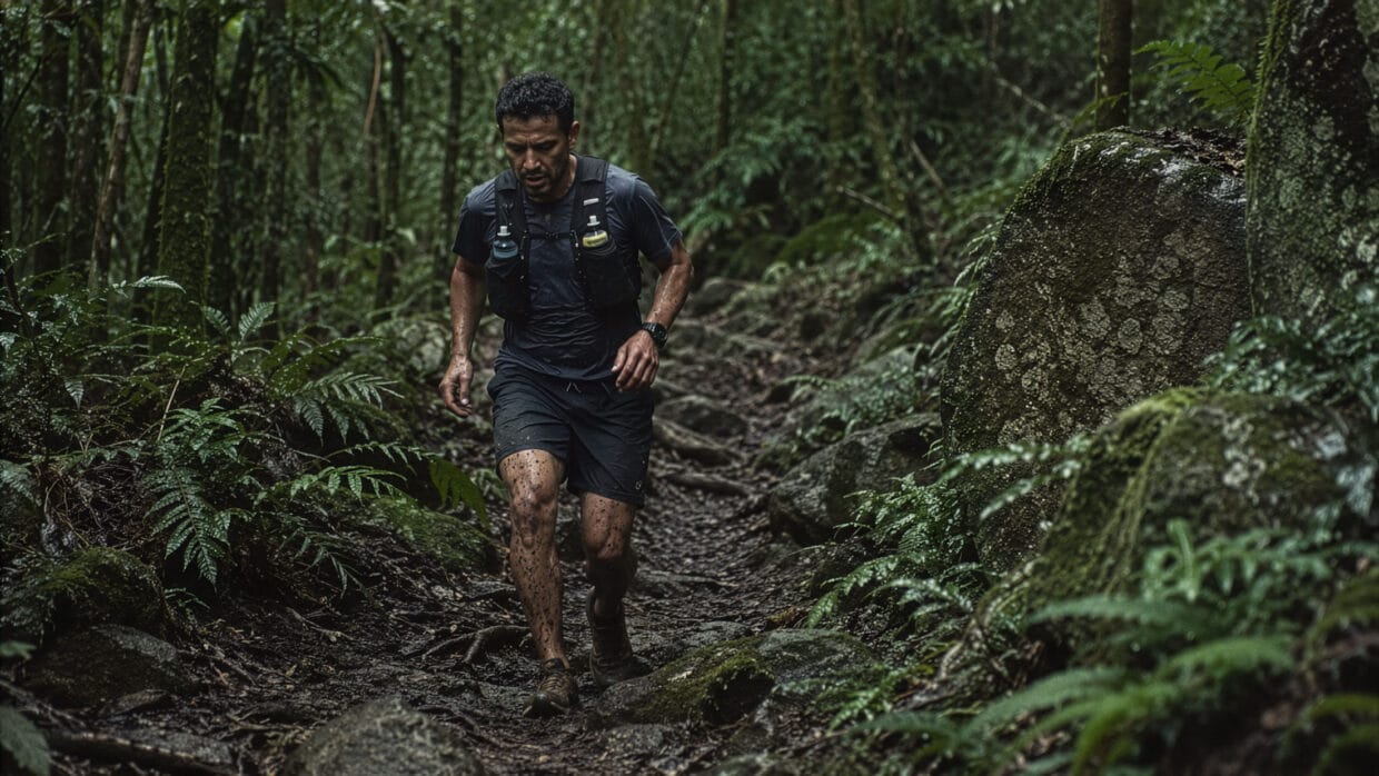 Como se preparar para uma ultramaratona: corredor em trilha de Mata Atlântica com mochila de hidratação e lama nas pernas