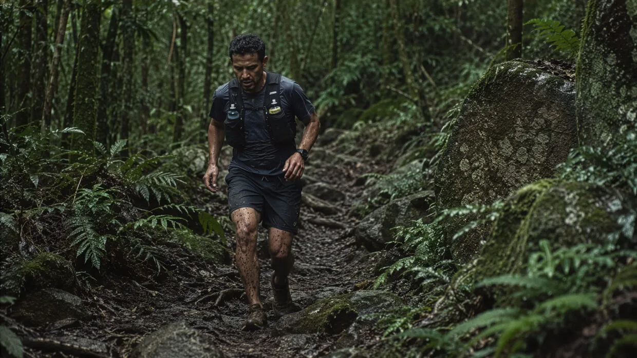 Como se preparar para uma ultramaratona: corredor em trilha de Mata Atlântica com mochila de hidratação e lama nas pernas