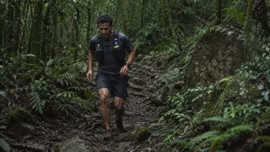 Como se preparar para uma ultramaratona: treino, nutrição e o que ninguém te conta antes 20 Como se preparar para uma ultramaratona: corredor em trilha de Mata Atlântica com mochila de hidratação e lama nas pernas