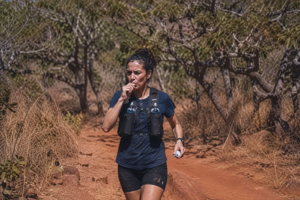 Nutrição para ultramaratona: corredora consumindo gel energético em trilha de cerrado durante treino longo
