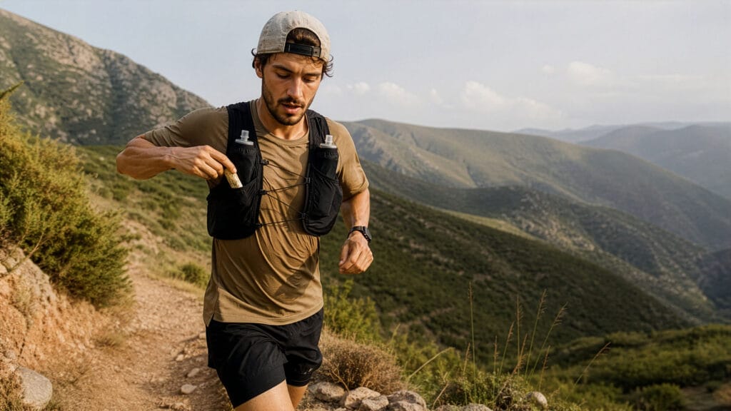 Gel de carboidrato para corrida: trail runner acessando sachê no colete durante prova com nutrição esportiva e hidratação