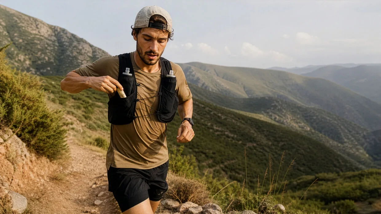 Gel de carboidrato para corrida: trail runner acessando sachê no colete durante prova com nutrição esportiva e hidratação
