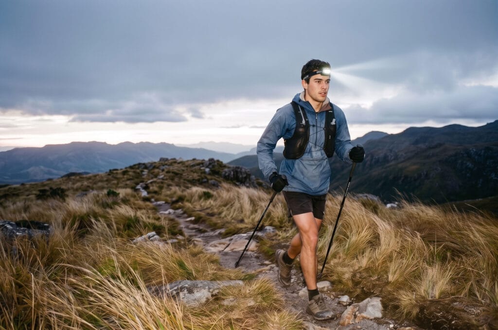 Equipamentos para ultra trail no inverno: corredor com anarok e bastões em campos de altitude ao amanhecer