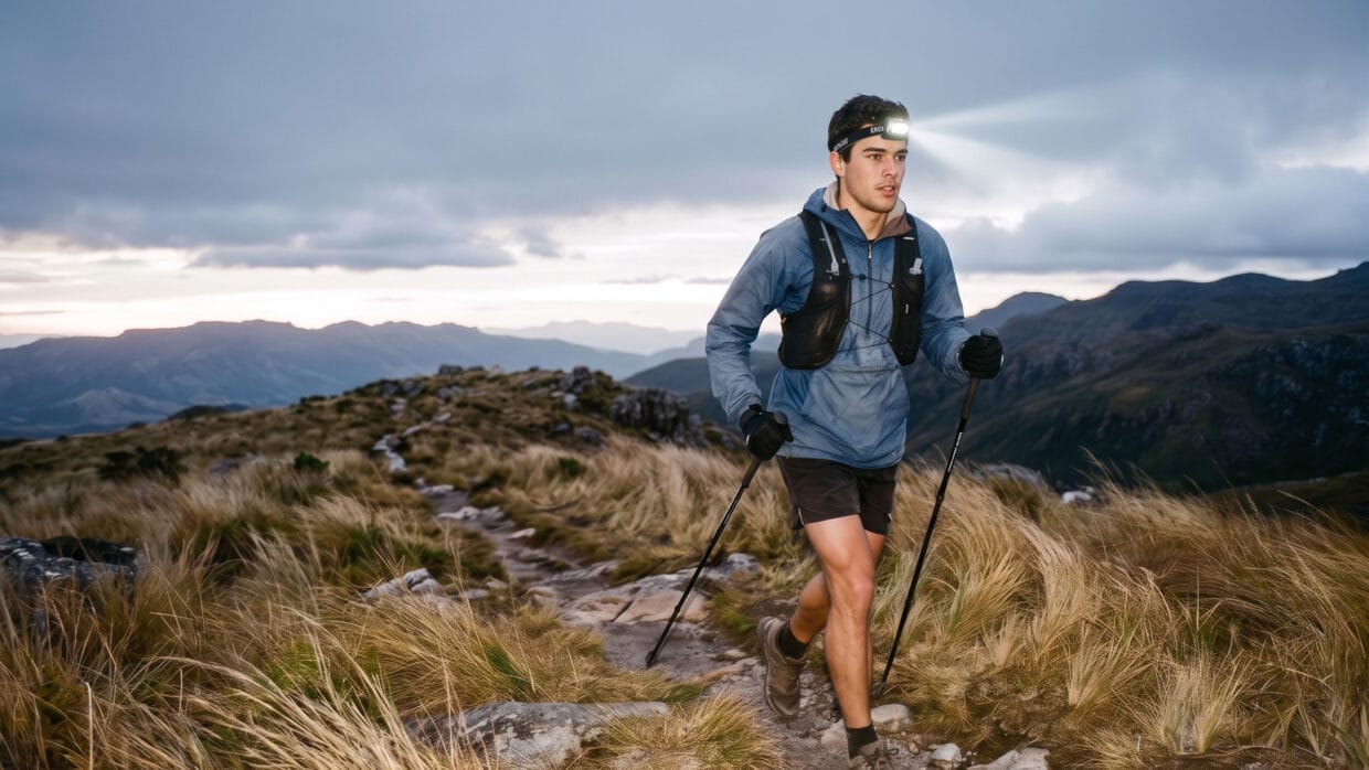 Equipamentos para ultra trail no inverno: corredor com anarok e bastões em campos de altitude ao amanhecer