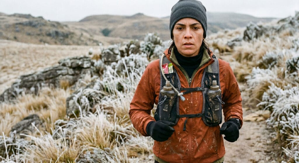 Proteção térmica para ultra trail no inverno: camadas de roupa com anarok e luvas em campo de altitude