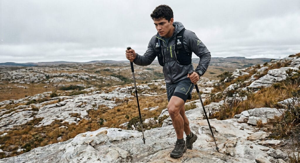 Bastões para ultra trail com D+ alto: corredor usando poles em subida técnica de quartzito em altitude
