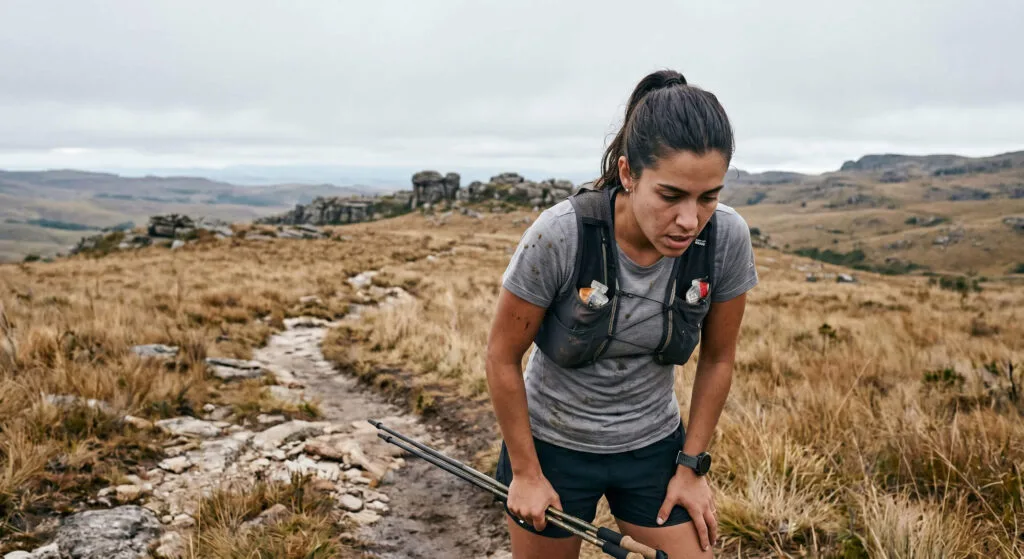 Nutrição para ultra trail de inverno em altitude: o que muda quando o frio e a hipóxia entram em cena 12 Estômago que fecha em ultra trail: corredor em crise gastrointestinal parado em campo de altitude durante prova de montanha