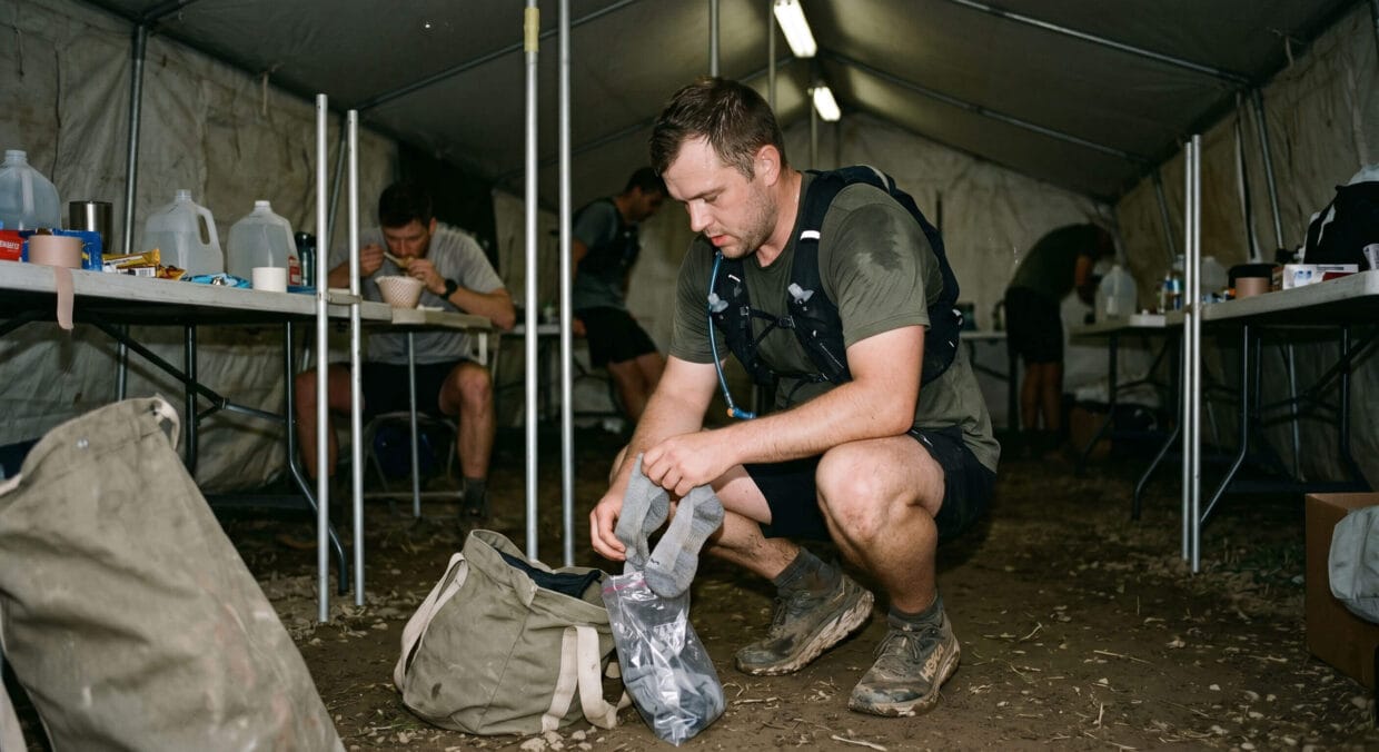 Drop bag ultra trail: corredor organizando bolsa de apoio dentro de aid station durante prova com saquinhos transparentes
