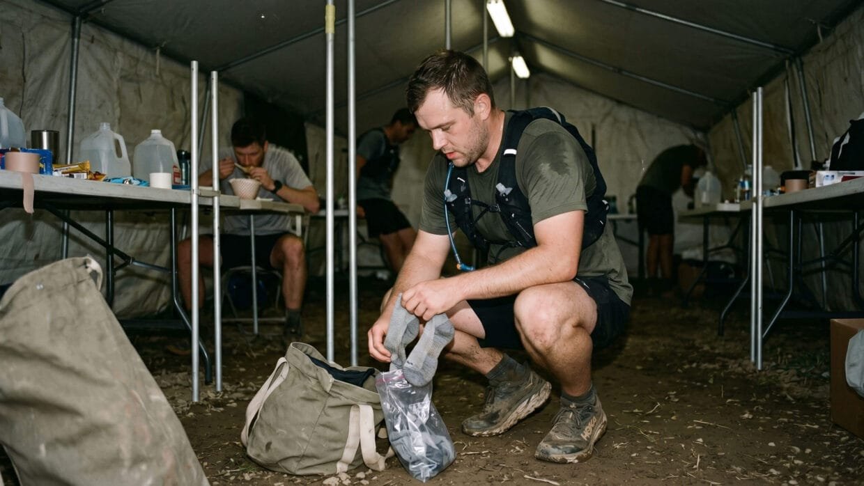 Drop bag em ultra: o que é, o que colocar e como não perder tempo no checkpoint 10 Drop bag ultra trail: corredor organizando bolsa de apoio dentro de aid station durante prova com saquinhos transparentes