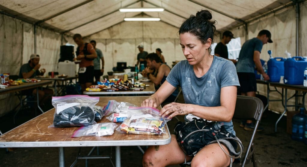 Drop bag organizado em aid station de ultra: saquinhos transparentes com nutrição e meias sobre mesa de checkpoint