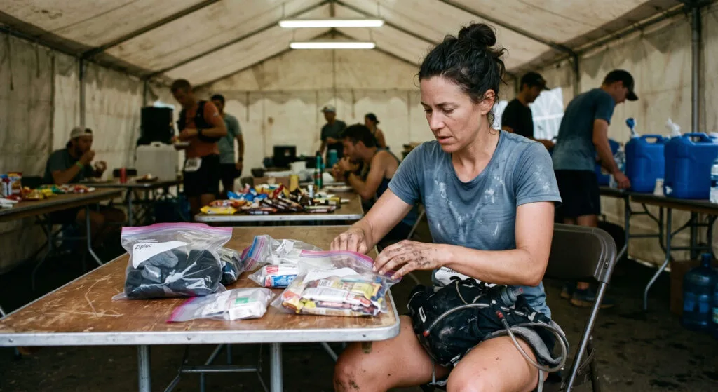 Drop bag organizado em aid station de ultra: saquinhos transparentes com nutrição e meias sobre mesa de checkpoint