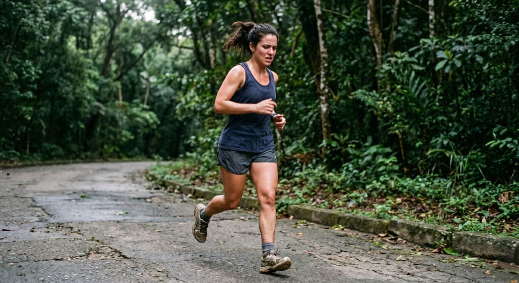 por que começar a correr é difícil: mulher em treino com expressão de esforço real em parque urbano ao amanhecer