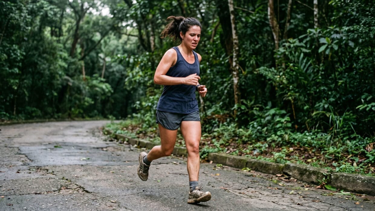 Por que começar a correr é difícil? O que acontece no seu corpo nos primeiros treinos 10 por que começar a correr é difícil: mulher em treino com expressão de esforço real em parque urbano ao amanhecer