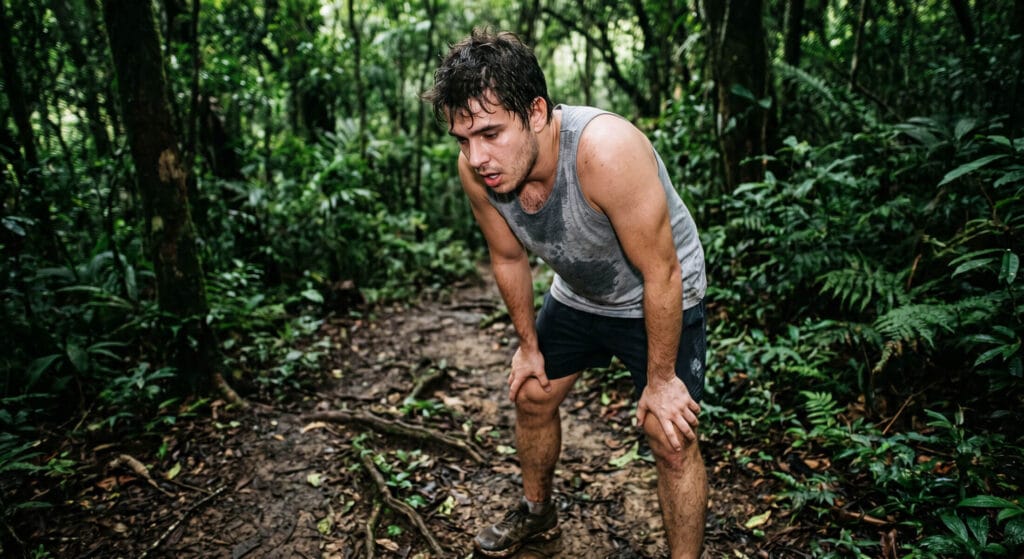 Por que começar a correr é difícil? O que acontece no seu corpo nos primeiros treinos 11 corredor iniciante parado com mãos nos joelhos recuperando fôlego em trilha na Mata Atlântica